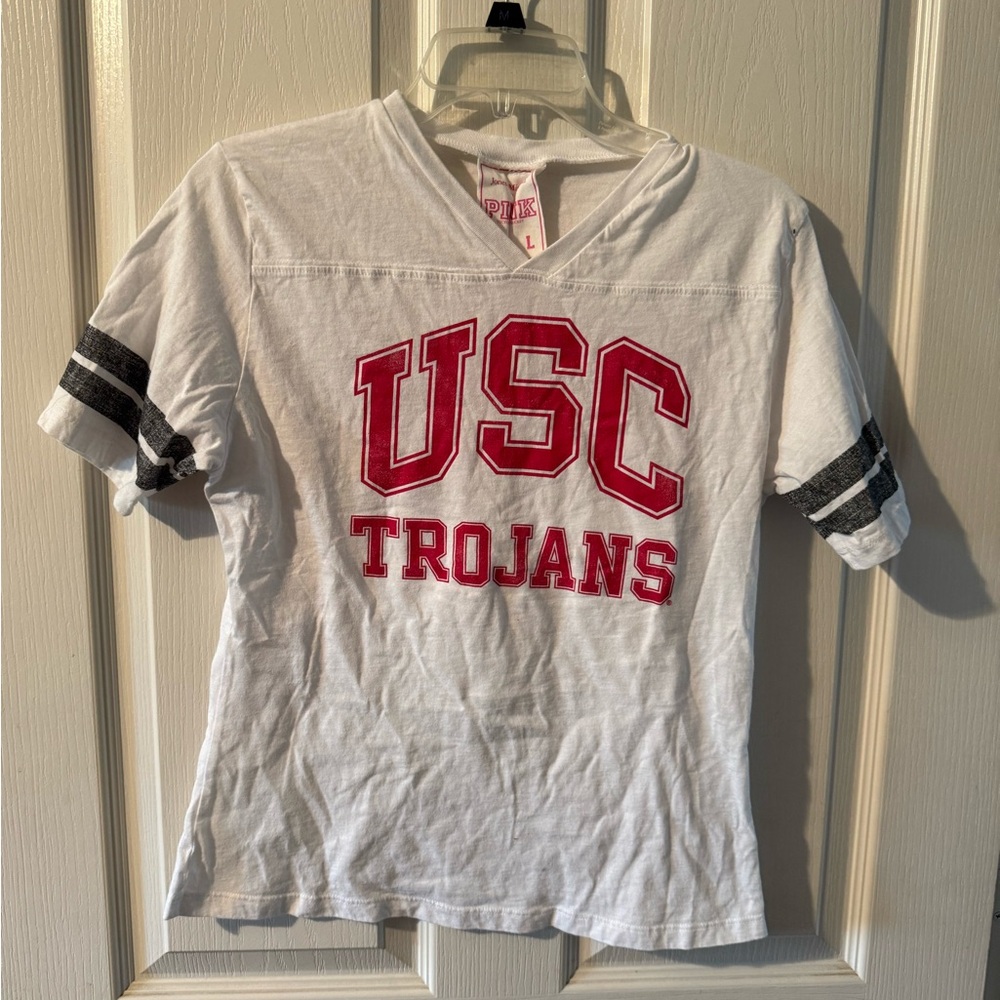 PINK Victoria's Secret White Kids USC Trojans V-Neck Tee with Gray Stripes